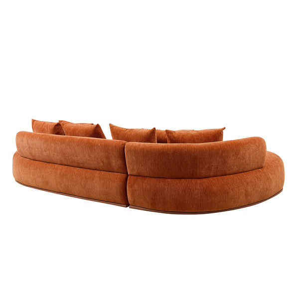English Elm Modern L Shape Sectional Sofa 134.6" Modular Curved Chaise 6 Pillows PU Leather Base Orange W3208S00005