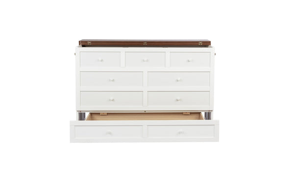 English Elm Murphy Cabinet Queen Bed Solid Pine Frame with Built-in Charging Station for Guest Rooms White+Walnut W504S00193