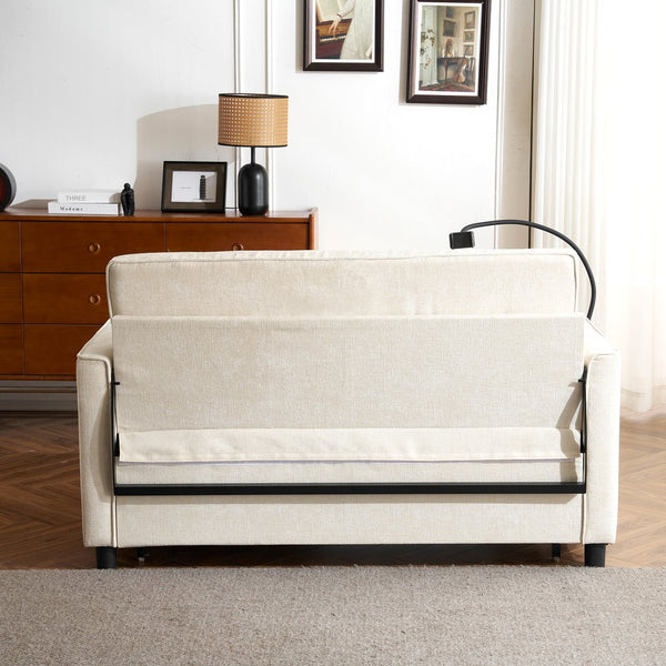 English Elm 56.9" Loveseat Sofa Bed with Chenille Upholstery, USB Ports, Phone Holder, Side Pockets, Reclining Backrest Beige N719P208853A