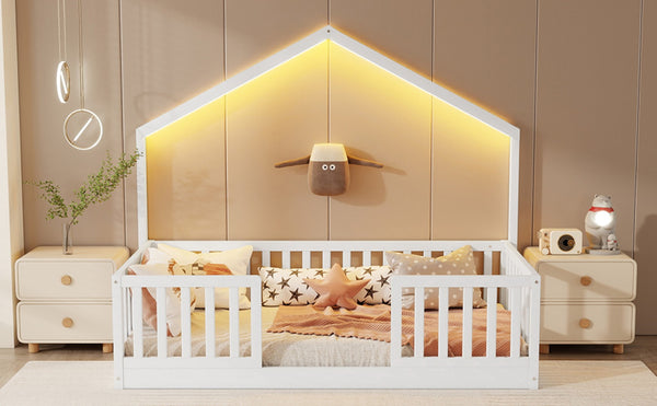 English Elm Twin Montessori Floor Bed House Frame with Led Lighting and Safety Rails for Kids White W2593P440594
