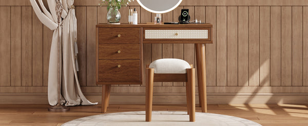 English Elm 39" Retro Bohemian Makeup Vanity Set with Rattan Drawers, USB Charging Port, Cushioned Stool, 4-Drawer Storage Walnut 44.1 L x 18.75 W x 10.5 H N733P180011D