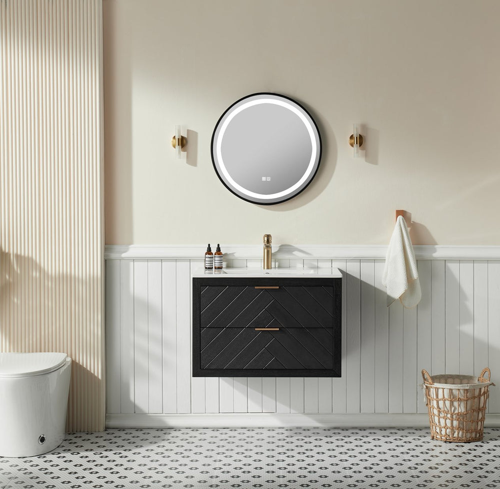 English Elm 30" Tiered Black Wall-Mounted Floating Vanity with Ceramic Sink, Center Storage Nook for Towels & Toiletries W1826P343434