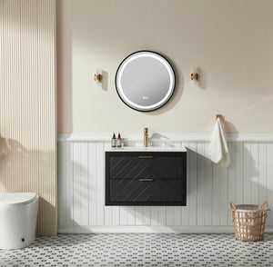 English Elm 30" Tiered Black Wall-Mounted Floating Vanity with Ceramic Sink, Center Storage Nook for Towels & Toiletries W1826P343434