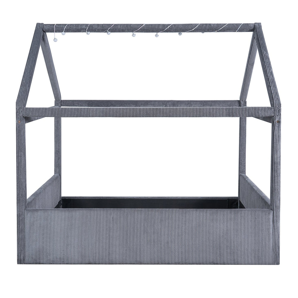 English Elm Full Size Upholstered House Daybed With Led Light Strips, Cozy Grey Corduroy For Stylish Spaces N7500001335E