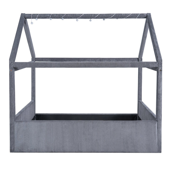 English Elm Full Size Upholstered House Daybed With Led Light Strips, Cozy Grey Corduroy For Stylish Spaces N7500001335E