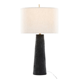 English Elm Kona 31" Contemporary Polyresin Table Lamp Set of 2 — Matte Black Base, Brass Accents & Linen Shade, Warm Ambient Light B202P224005