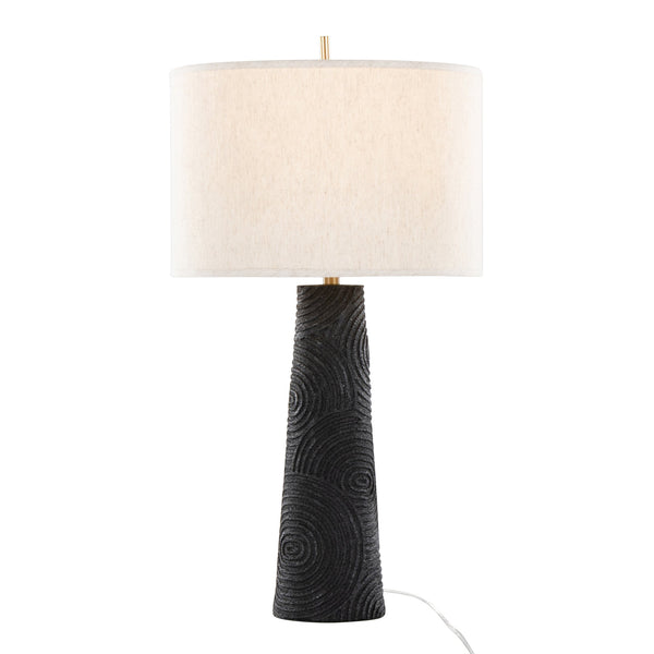 English Elm Kona 31" Contemporary Polyresin Table Lamp Set of 2 — Matte Black Base, Brass Accents & Linen Shade, Warm Ambient Light B202P224005