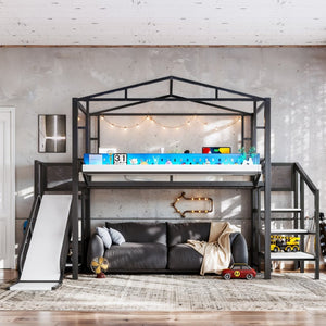 English Elm Twin Metal Loft Bed with Built-in Wardrobe Storage Stairs Led Lights and Usb Ports W5316S00045