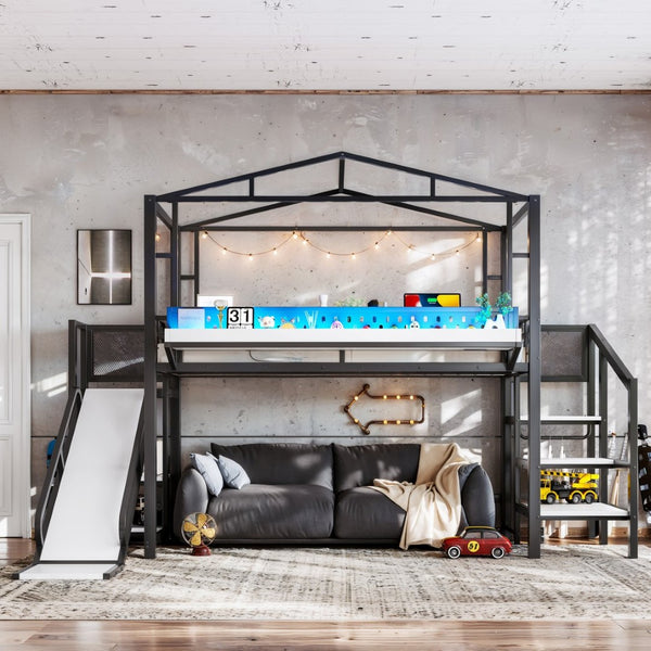 English Elm Twin Metal Loft Bed with Built-in Wardrobe Storage Stairs Led Lights and Usb Ports W5316S00045