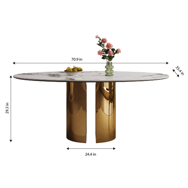 English Elm 70.9-inch Sintered Stone oval dining table with copper stainless base, kid-safe rounded edges, modern chic centerpiece (97) W509S00149