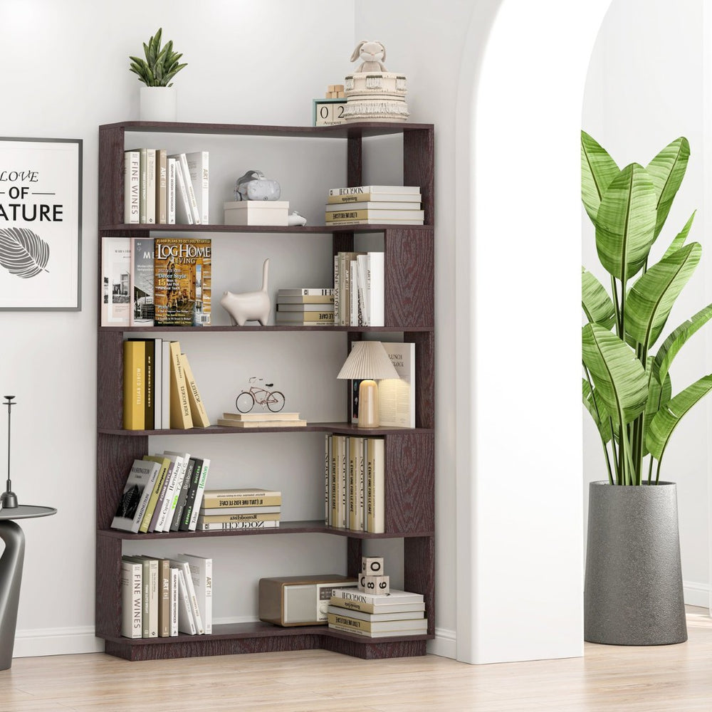 English Elm 90cm L-shaped Corner Bookcase Five Tier Mdf Open Shelving Unit for Any Room W2899P444160