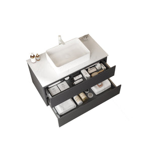 English Elm VEDO 36" Bathroom Vanity with Carrara Countertop, Ceramic Vessel Sink, Gray Striped Plywood Drawers, Wall-Mounted 92" W2615S00083