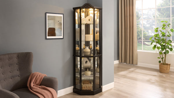 English Elm Lighted Corner Curio Cabinet With Adjustable Shelves, Elegant Black Design, Perfect For Home Display W1758P300126