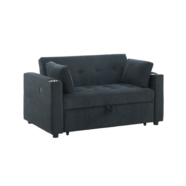 English Elm Luelle Convertible Sleeper Loveseat with Tufted Cushions, USB Ports, Cupholders, Pillows, Space-Saving Design Black B061P296418