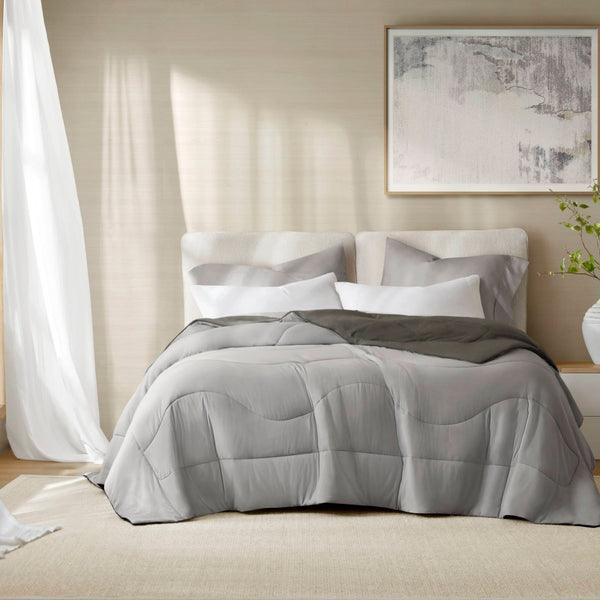 English Elm 1-piece Reversible Tencel Fill Comforter with Sculptural Weave for Full Queen Beds Gray B035P408277