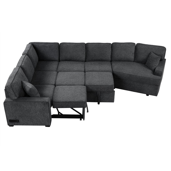 English Elm 126" L-shaped Sectional Sofa with Pull-Out Bed, Built-In USB Charging & Cup Holders, Chenille Upholstery Black+Blue N719S001530C