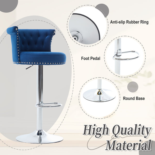 English Elm COOLMORE Velvet Bar Stool with Anti-Slip Large Base, Adjustable 360° Swivel, Plush Foam Comfort Navy W1539P320506