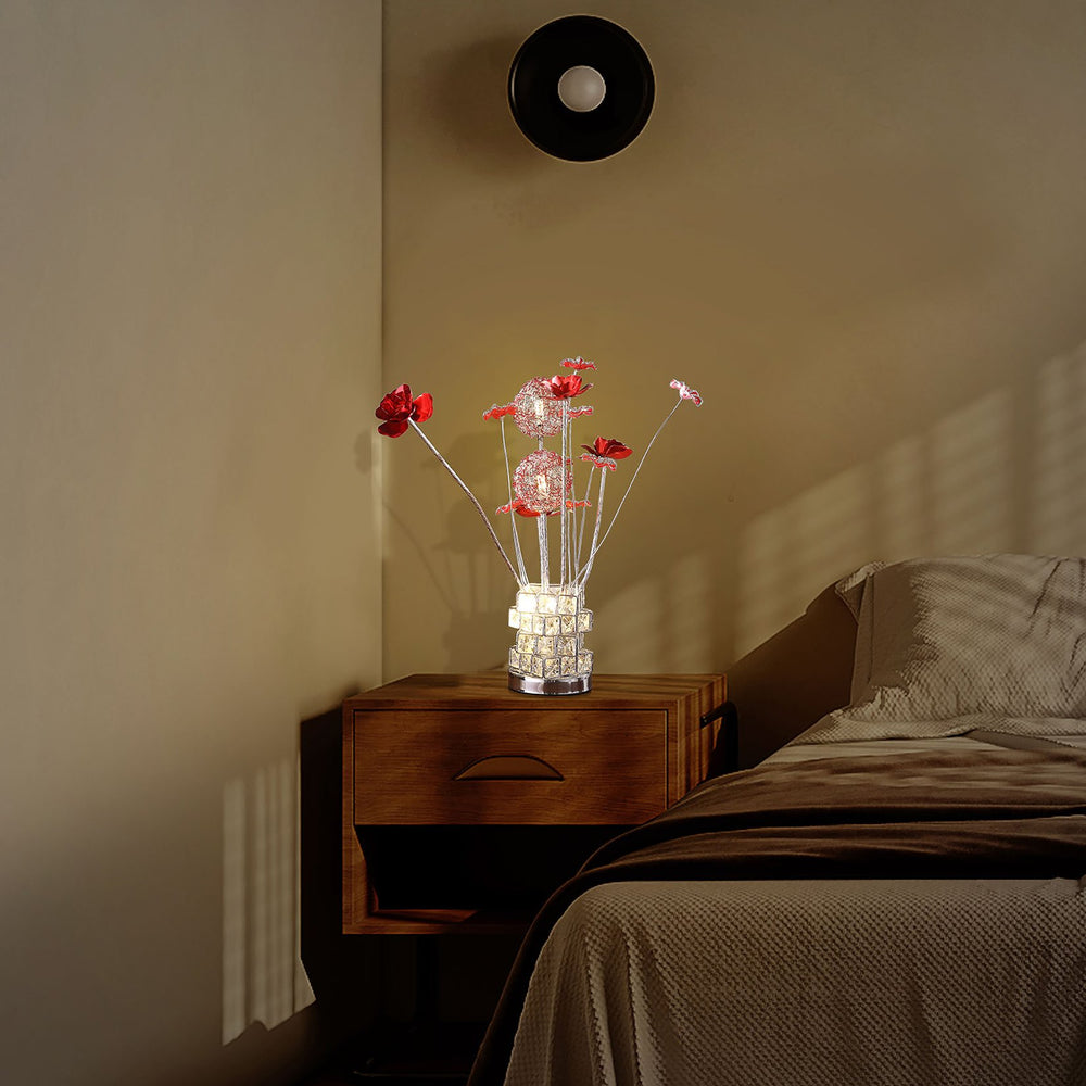 English Elm Aluminum 4 Red Roses Table Lamp With Hexagonal Chrome Vase - Modern Led Decor For Living Spaces B072P220156
