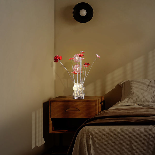 English Elm Aluminum 4 Red Roses Table Lamp With Hexagonal Chrome Vase - Modern Led Decor For Living Spaces B072P220156