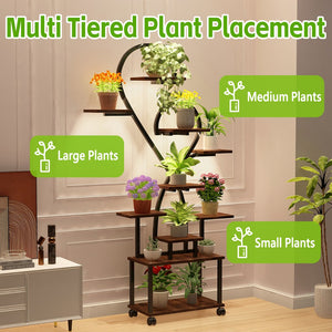 English Elm (Heart Shape) Plant Stand Indoor with LED Grow Lights, Tiered Metal Tree Shelf, Stylish Black/Walnut Decor W2641P323276