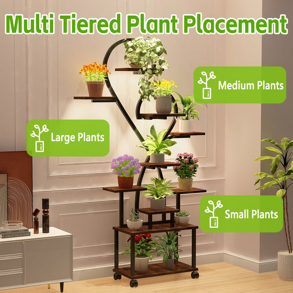 English Elm (Heart Shape) Plant Stand Indoor with LED Grow Lights, Tiered Metal Tree Shelf, Stylish Black/Walnut Decor W2641P323276