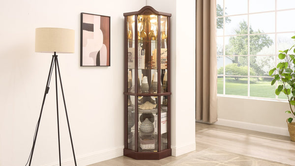English Elm Glass Corner Curio Cabinet Lighted Dark Wood Display with Carved Crown Floral Detail Cherry W2275P292645