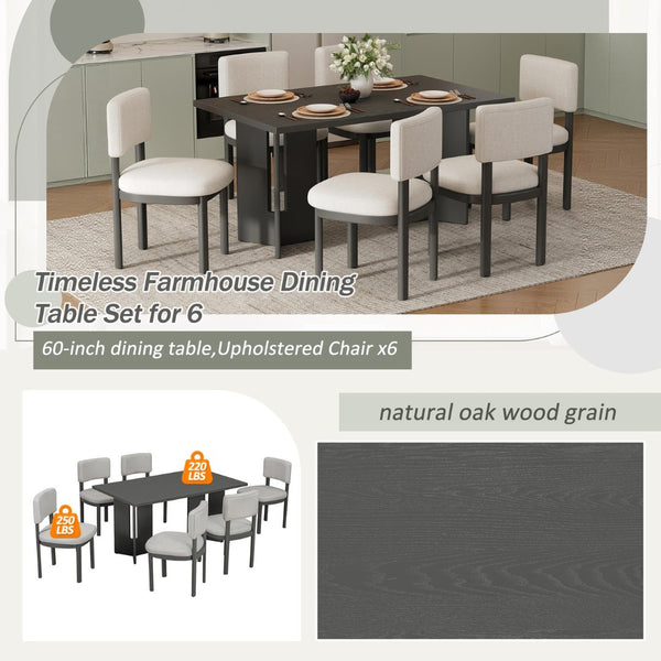 English Elm Trexm Farmhouse Six Seat Dining Set Oak Veneer Distressed Table Upholstered Chairs Gray ST000153AAE