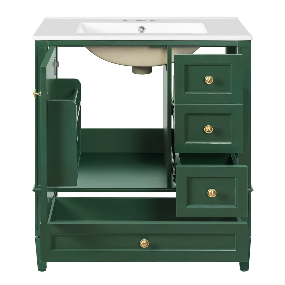 English Elm 30 30 Inch Bathroom Vanity with Ceramic Sink, Modern Compact 3-Drawer Storage Cabinet for Small Baths Green N710P247499F