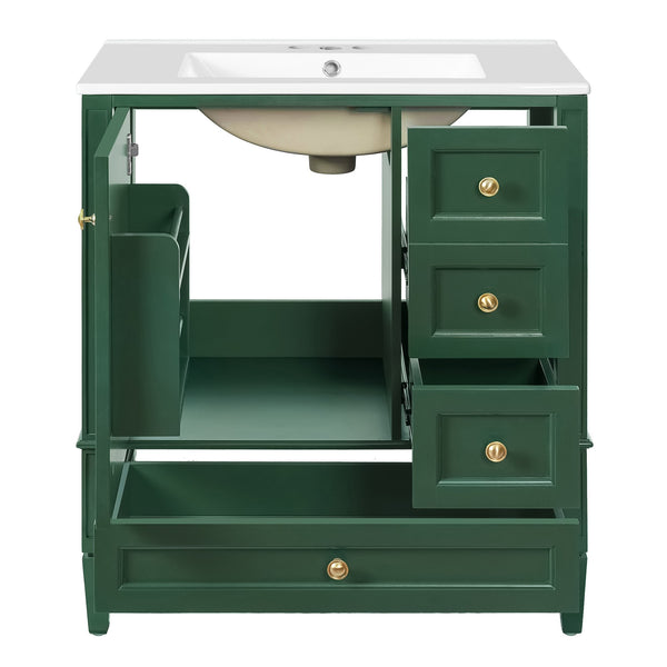 English Elm 30 30 Inch Bathroom Vanity with Ceramic Sink, Modern Compact 3-Drawer Storage Cabinet for Small Baths Green N710P247499F