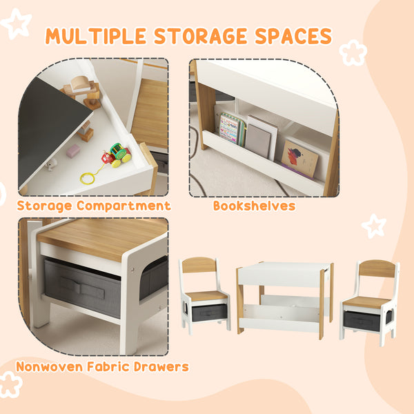 English Elm Qaba Kids Table and Chair Set with Reversible Blackboard Top, Built-In Storage, Bookshelf for Playroom Natural Wood W2225P200408