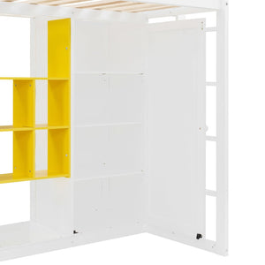 English Elm Twin Loft Bed with Wardrobe Shelves and Cabinet Kids Bedroom Wood Storage Frame Yellow+White N708S00023K