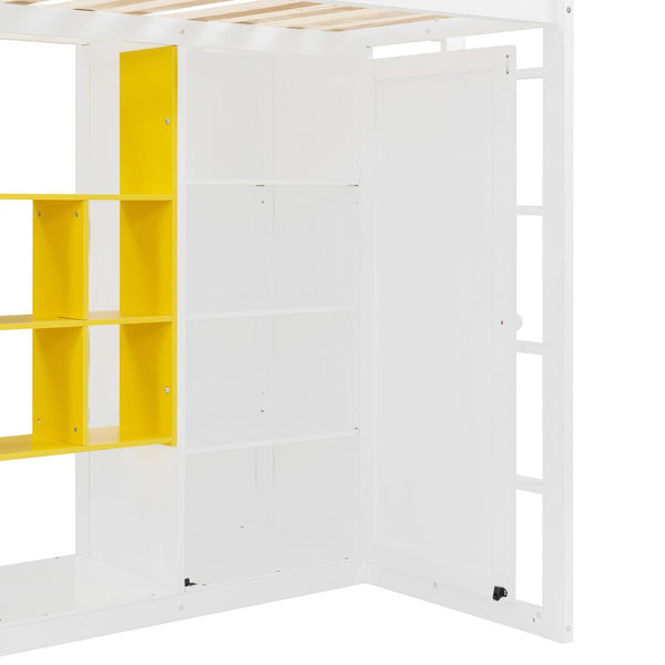 English Elm Twin Loft Bed with Wardrobe Shelves and Cabinet Kids Bedroom Wood Storage Frame Yellow+White N708S00023K