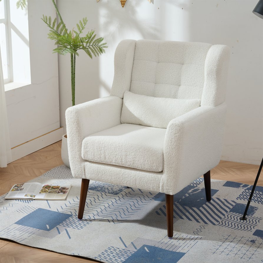 English Elm Modern Accent Chair Upholstered Armchair with Chenille Fabric, Ergonomic Padded Seat, Wood Legs for Living Room Seating Comfort and Stylish Mid Century Flair White W1028P236468