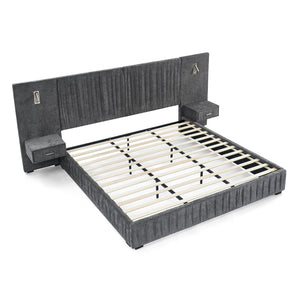 English Elm King Modern Upholstered Platform Bed with Pleated Chenille Headboard, Built‑in Nightstand & Lamp DARK GREY W487S00393