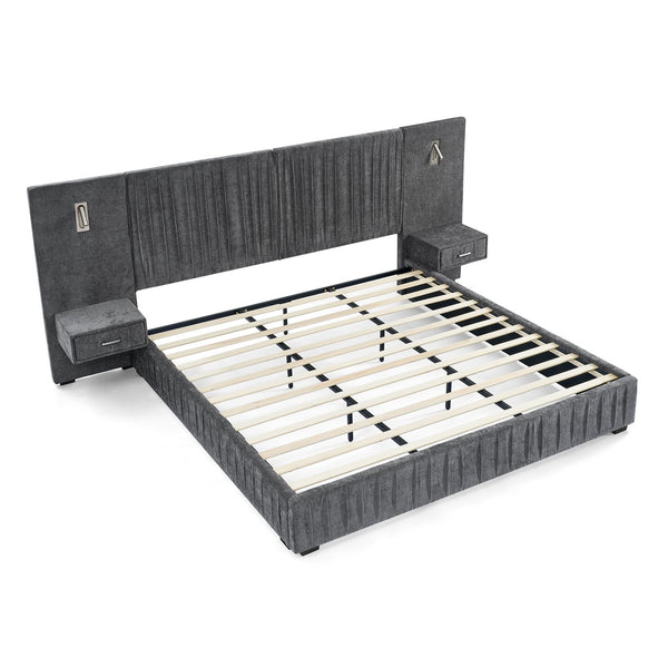 English Elm King Modern Upholstered Platform Bed with Pleated Chenille Headboard, Built‑in Nightstand & Lamp DARK GREY W487S00393