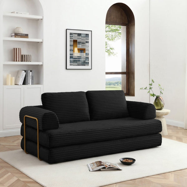 English Elm Convertible Floor Sofa Futon with Corduroy Upholstery for Living Room Lounging and Sleeping Black W1117P434730