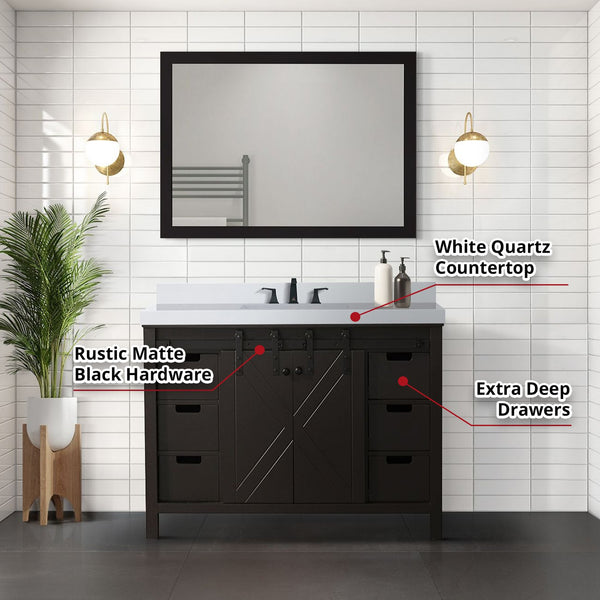English Elm Brown 48 In. Bath Vanity Set With White Quartz Countertop, Matte Black Faucet & 44 In. Mirror B2731S01279