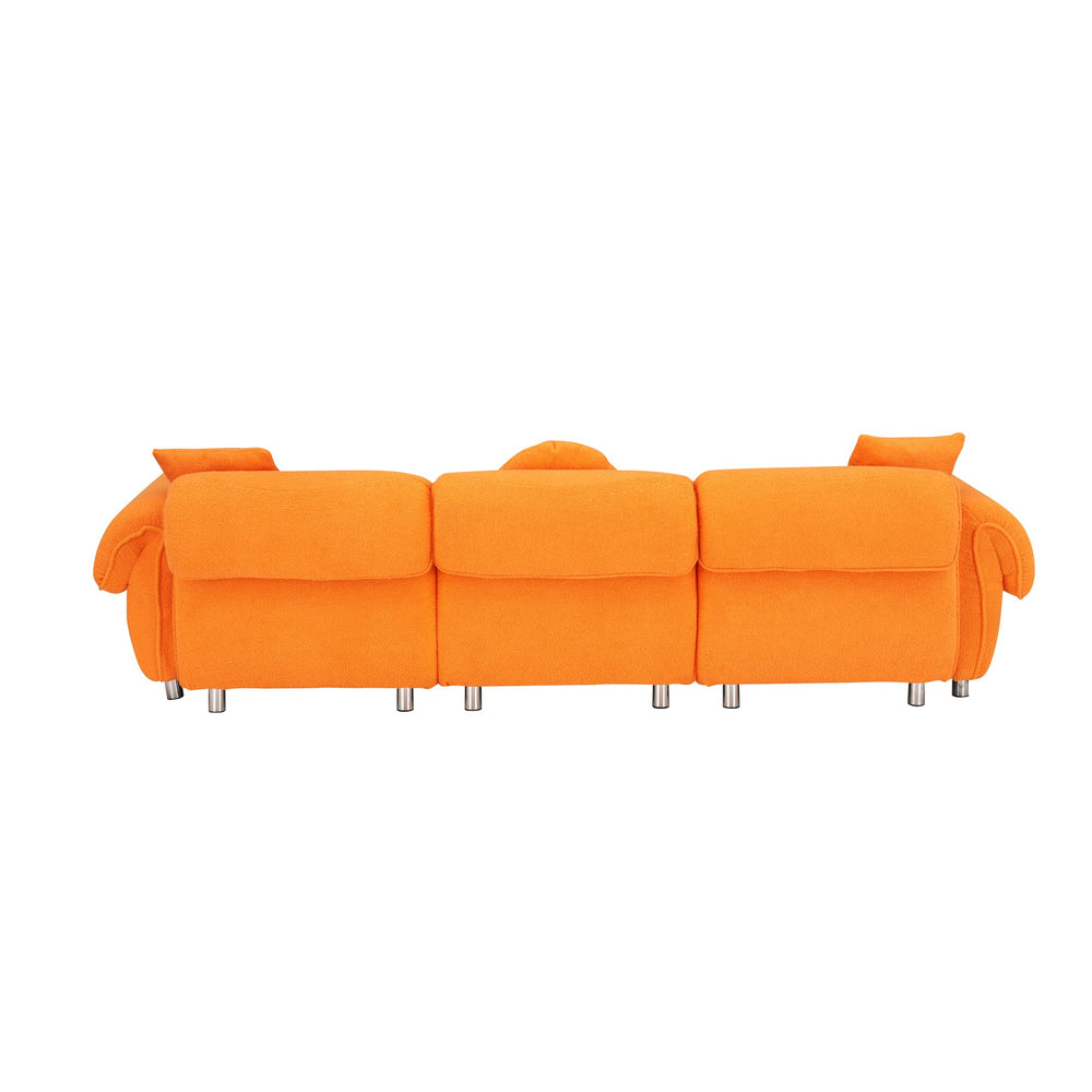 English Elm 112 Plush Teddy Velvet Sofa 112" x 38.2" x 28.3" with Metal White Legs, 3-Person Seating, 3 Pillows, 500lb Capacity Orange W1278S00047