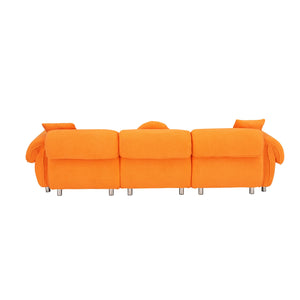 English Elm 112 Plush Teddy Velvet Sofa 112" x 38.2" x 28.3" with Metal White Legs, 3-Person Seating, 3 Pillows, 500lb Capacity Orange W1278S00047