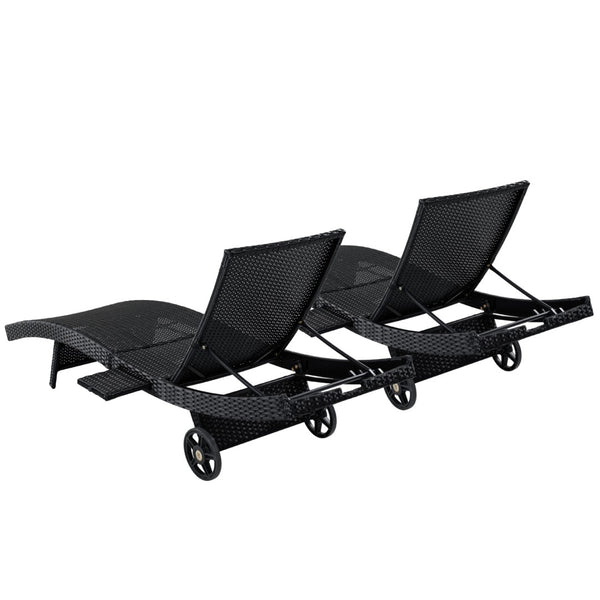 English Elm K&k Outdoor Wicker Reclining Chaise Set 2 Piece with Pull Out Tray Rolling Wheels Black N707P395515B