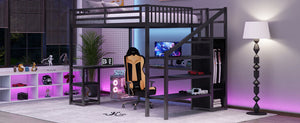 English Elm Metal Queen Loft Bed with Wardrobe, LED Light, L-Shaped Desk and USB Ports for Space-Saving Rooms Black 65.75 L x 17.52 W x 6.3 H W2593S00043