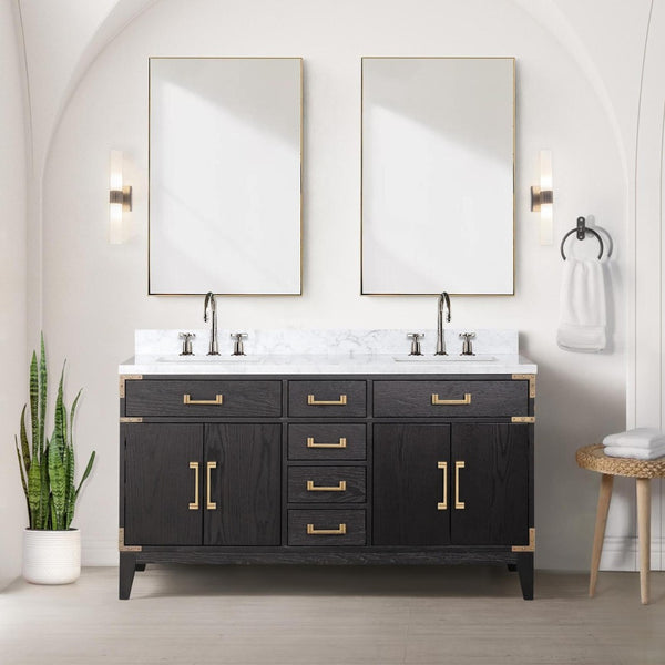 English Elm Black Oak Double Bathroom Vanity Solid Wood Frame with Genuine Carrara Marble Top B2731P260935