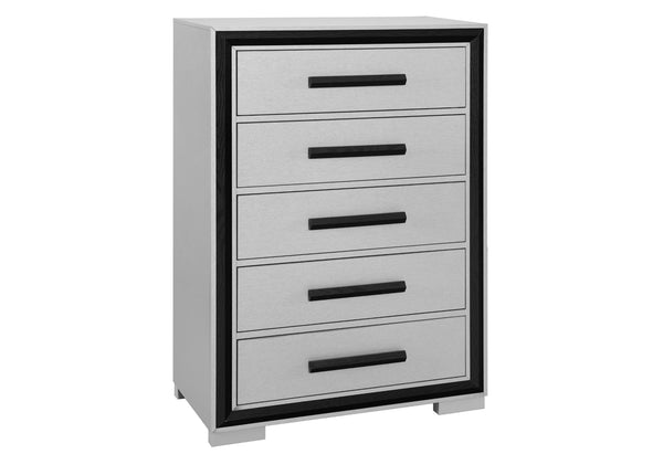 English Elm ADELAIDE Solid Wood Chest with 5 Spacious Drawers, Sleek Silver Finish and Modern Hardware Design Black 36.5 L x 20.63 W x 50.25 H B201P215679