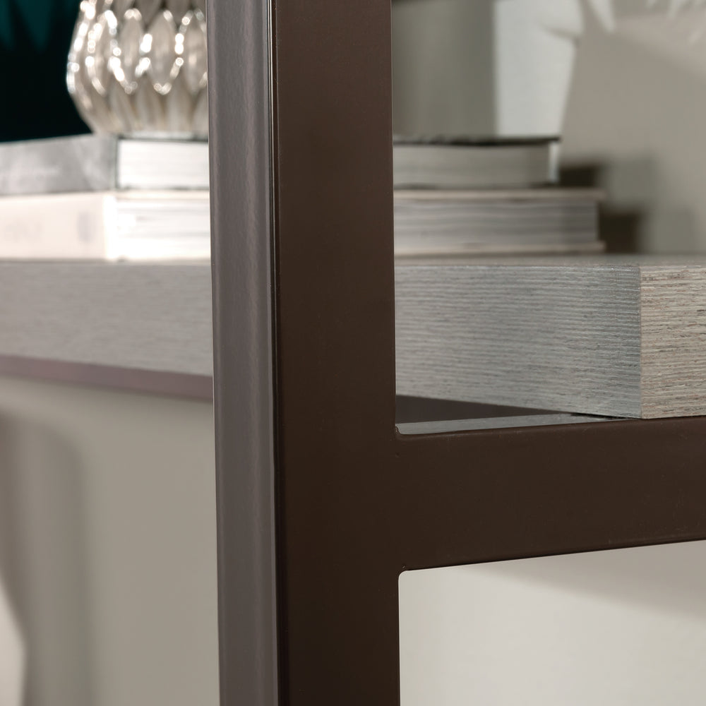 English Elm Credenza Brown Finish Hutch with Powder-Coated Metal Frame, Open Shelves, Engineered Wood Durability B356P367751