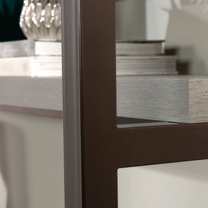 English Elm Credenza Brown Finish Hutch with Powder-Coated Metal Frame, Open Shelves, Engineered Wood Durability B356P367751