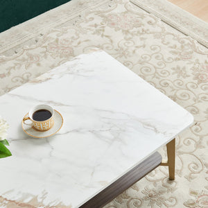 English Elm Coffee Rectangular Coffee Table with Golden Metal Frame & White MDF Shelf, Spacious Open Storage W1911P269599