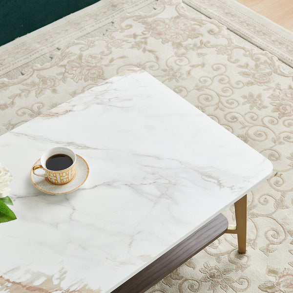 English Elm Coffee Rectangular Coffee Table with Golden Metal Frame & White MDF Shelf, Spacious Open Storage W1911P269599