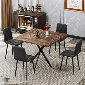 English Elm Square MDF Dining Set for 4 with Faux Marble Top, Mid-Century Modern Iron Legs, Easy-Clean Surface Brown+Black W578S00029