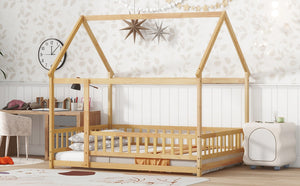 English Elm Twin House Shaped Floor Bed Solid Rubberwood Frame with Guardrails for Kids W504P370560