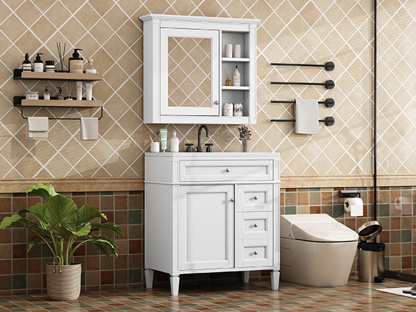 English Elm 30'' Bathroom Vanity Set With Sink, Modern Storage Cabinet, Mirror & 3 Drawers For Efficient Organization SW000127AAK-3